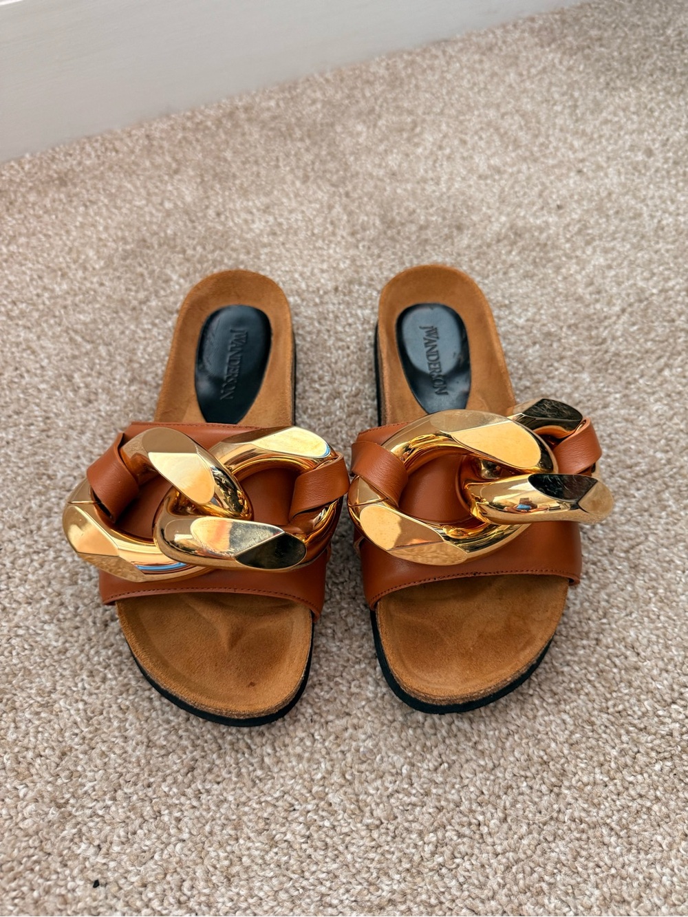 JW ANDERSON Tan Leather Slide Mules with Oversized Gold Chain